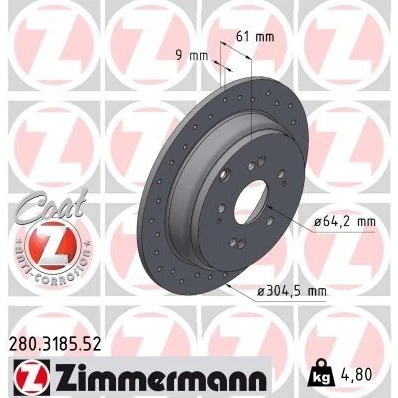 Imagem de ZIMMERMANN Disco de travão 304mm 9mm 10/5 5furos 114mm cheio, perfurado revestido 280.3185.52 42510S9AE50,42510SCAE50,42510SWA000,42510SWAA00