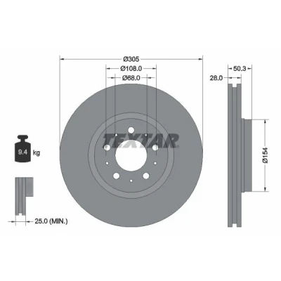 Imagem de TEXTAR PRO 92100603 Disco de travão 305 28 05/10 108 ventilado fora revestido sem pernos fixação da roda, cubo roda VOLVO: V70 2, S60 I