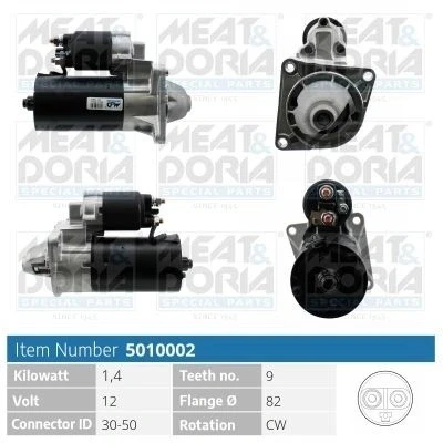 Imagem de MEAT &amp; DORIA 5010002 Motor de arranque 12V 1,4kW 9 30 50 82mm OPEL: Astra H Hatchback, Vectra C Caravan, FIAT: Punto Evo Hatchback