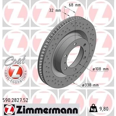 Imagem de ZIMMERMANN Disco de travão 338mm 32mm 8/6 6furos 140mm interior ventilado, perfurado revestido 590.2827.52 4351260190,4351260191 Discos