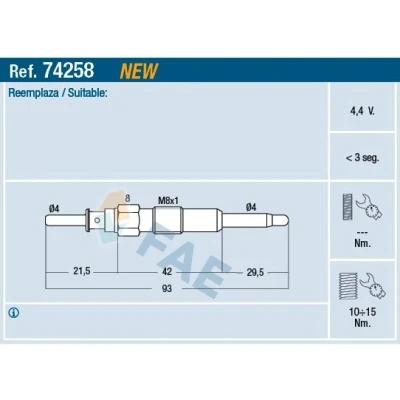 Imagem de FAE 74258 Vela incandescente 4,4V M 8x1 CHEVROLET: Captiva, Cruze Sedan, OPEL: Antara