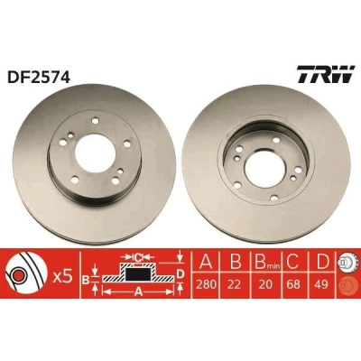 Imagem de TRW DF2574 Disco de travão 280 22 5 114,3 ventilado pintado