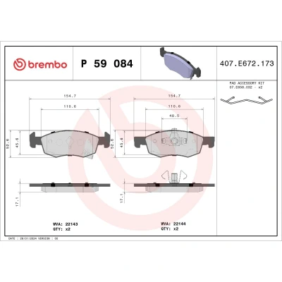 Imagem de BREMBO P 59 084 Jogo de pastilhas para travão disco com avisador sonoro desgaste grampo do êmbolo, chapa anti ruído acessórios