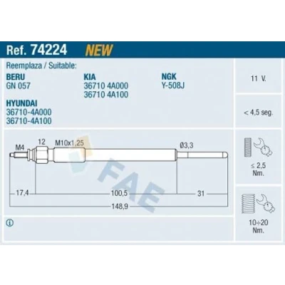 Imagem de FAE 74224 Vela incandescente 11V M 10x1,25 HYUNDAI: H 1 Van