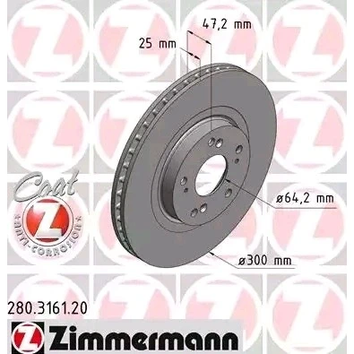 Imagem de ZIMMERMANN Disco de travão HONDA: CIVIC 7 Hatchback COAT Z 300mm 25mm 9/5 5furos 114mm interior ventilado revestido 280.3161.20 45251S6MA10