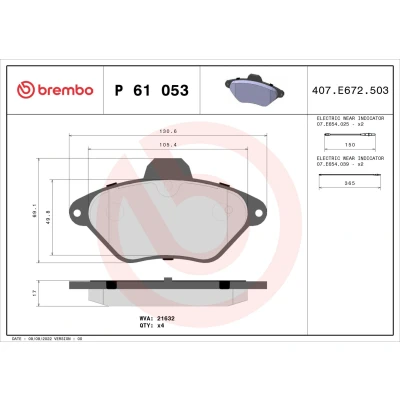 Imagem de BREMBO P 61 053 Jogo de pastilhas para travão disco incl. contacto aviso desgaste sem acessórios CITROËN: Xantia Hatchback, Carrinha