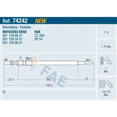 Imagem de FAE 74242 Vela incandescente 7V M 8x1 MERCEDES BENZ: Classe E Sedan, T modell, ML