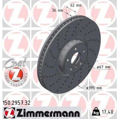 Imagem de ZIMMERMANN Disco de travão BMW: 5 Touring, 6 Gran Turismo, Sedan 395mm 36mm 6/5 5furos 112mm interior ventilado, rebaixado revestido alto carbono
