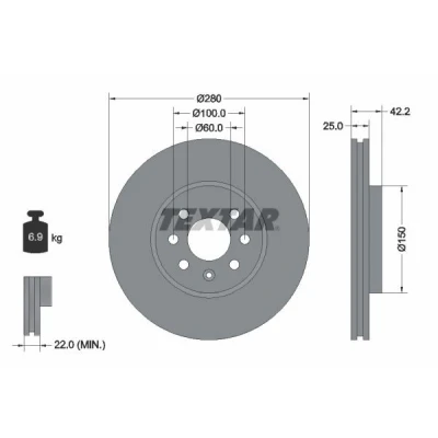 Imagem de TEXTAR PRO 92124603 Disco de travão 280 25 04/07 100 interior ventilado revestido sem pernos fixação da roda, cubo roda