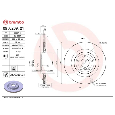 Imagem de BREMBO COATED DISC LINE 09.C209.21 Disco de travão 325 20 5 interior ventilado revestido JAGUAR: XF Sedan
