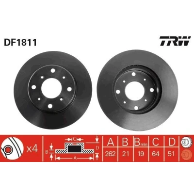 Imagem de TRW DF1811 Disco de travão 262 21 4 114,3 ventilado pintado com parafusos