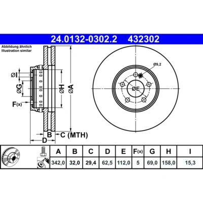 Imagem de ATE 24.0132 0302.2 disco de travão 342,0 32,0 5 112,0 duas peças, ventilado revestido ligado/alto carbono com parafusos
