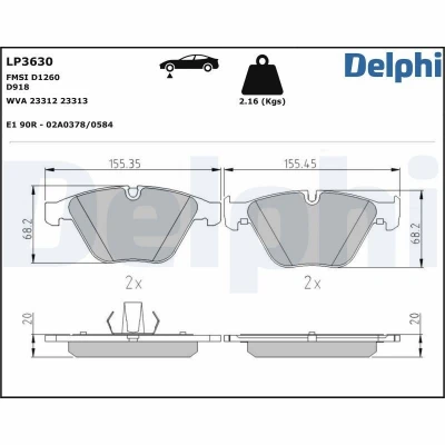 Imagem de DELPHI LP3630 Jogo de pastilhas para travão disco preparado indicador aviso desgaste com chapa anti ruído sem acessórios BMW: 5 Sedan