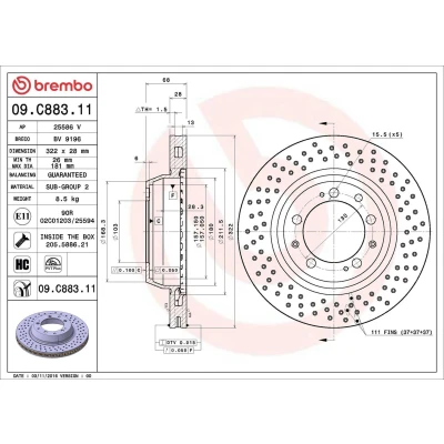 Imagem de BREMBO 09.C883.11 Disco de travão 322 28 5 perfurado/ventilado revestido alto carbono com parafusos PORSCHE: 911 Cabrio