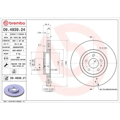 Imagem de BREMBO 09.4939.24 Disco de travão 284 22 5 interior ventilado com parafusos ALFA ROMEO: 156 Sportwagon, 147, Sedan, FIAT: Doblo II Van / Carrinha