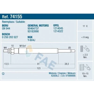 Imagem de FAE 74155 Vela incandescente 11V M10x100 OPEL: Vectra B Sedan, Carrinha, CC