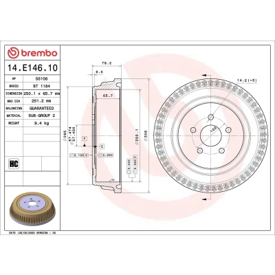 Imagem de BREMBO 14.E146.10 Tambor de Travão 250,1