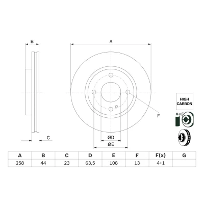 Imagem de BOSCH 0 986 479 E80 Disco de travão 258 23 4 108 ventilado revestido alto carbono FORD: KA+ Hatchback