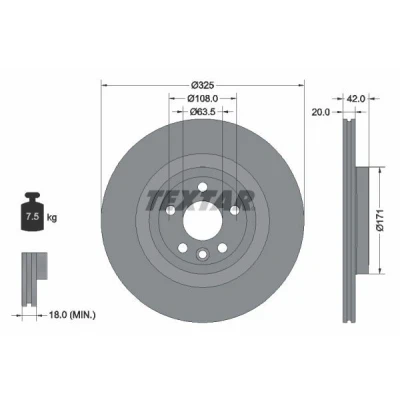 Imagem de TEXTAR 92314305 Disco de travão 325 20 05/06 108 interior ventilado revestido alto carbono sem pernos fixação da roda, cubo roda