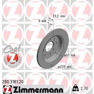 Imagem de ZIMMERMANN COAT Z 280.3181.20 Disco de travão 239 9 8/4 4 100 cheio revestido HONDA: JAZZ 3,