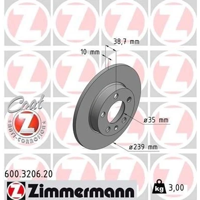 Imagem de ZIMMERMANN Disco de travão VOLKSWAGEN: GOLF 3, Passat B3/B4 Variant, 3 Variant COAT Z 239mm 10mm 6/5 5furos 100mm cheio revestido 600.3206.20