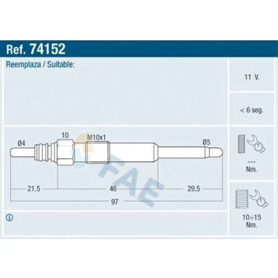Imagem de FAE 74152 Vela incandescente 11V M 10x1 VOLKSWAGEN: Golf 4, Transporter 5, Polo IV Hatchback, AUDI: A3 A4 B6 Avant, Sportback