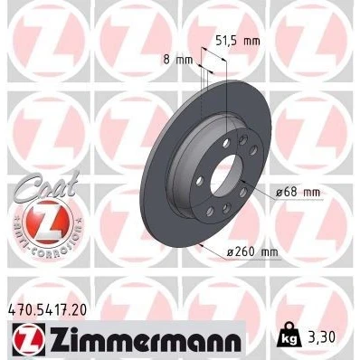 Imagem de ZIMMERMANN Disco de travão RENAULT: Megane 4, Captur II, NISSAN: Juke II 260mm 8mm 7/5 5furos 114mm cheio revestido 470.5417.20