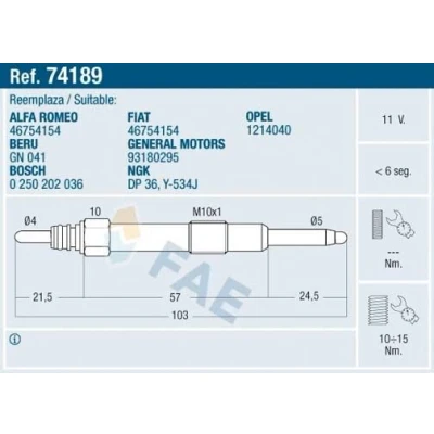 Imagem de FAE 74189 Vela incandescente 11V M 10x1 OPEL: Astra H Caravan, Hatchback, GTC, FIAT: Punto II Doblo I Cargo
