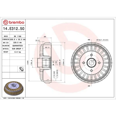 Imagem de BREMBO 14.E312.50 Tambor de Travão com jogo rolamentos roda 228,6 PEUGEOT: 207 Hatchback, 208 I CITROËN: C3 II, C Elysée Sedan