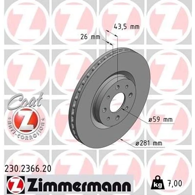 Imagem de ZIMMERMANN Disco de travão FIAT: BRAVO 2, Stilo Hatchback, Multi Wagon, ALFA ROMEO: MiTo, LANCIA: DELTA 3 COAT Z 230.2366.20 46535086,46765546
