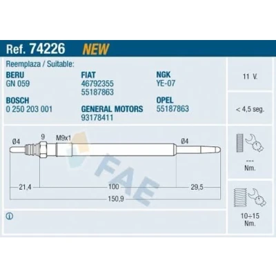 Imagem de FAE 74226 Vela incandescente 11V M 9x1 OPEL: Astra H Hatchback, GTC, Caravan, ALFA ROMEO: 159 Sportwagon, 147, GT, FIAT: BRAVO 2