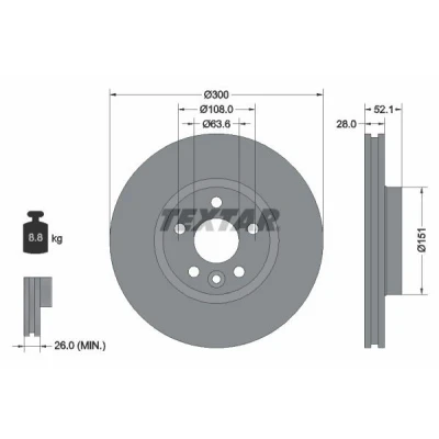 Imagem de TEXTAR PRO+ 92159205 Disco de travão 300 28 05/06 108 interior ventilado revestido alto carbono sem pernos fixação da roda, cubo roda