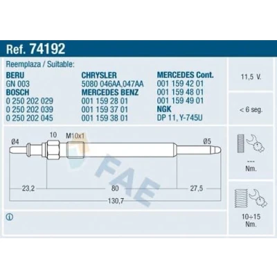 Imagem de FAE 74192 Vela incandescente 11,5V M 10x1 MERCEDES BENZ: Classe C Sedan, E T modell, JEEP: GRAND CHEROKEE 2