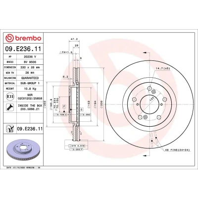 Imagem de BREMBO 09.E236.11 Disco de travão 330 28 5 interior ventilado revestido com parafusos