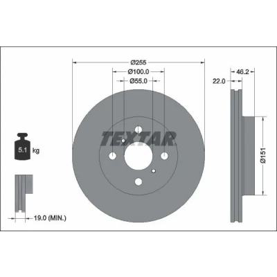 Imagem de TEXTAR 92344803 Disco de travão 255 22 04/06 100 interior ventilado revestido sem o rolamento da roda, pernos fixação cubo roda