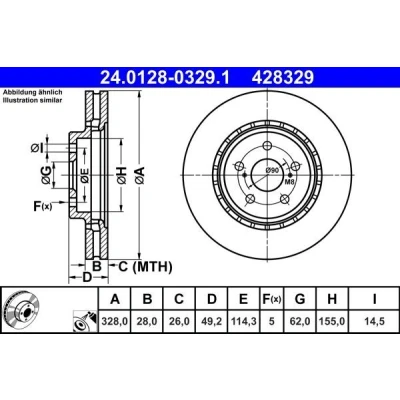 Imagem de ATE Disco de travão 328,0mm 28,0mm 5 114,3mm ventilado revestido 24.0128 0329.1 Discos