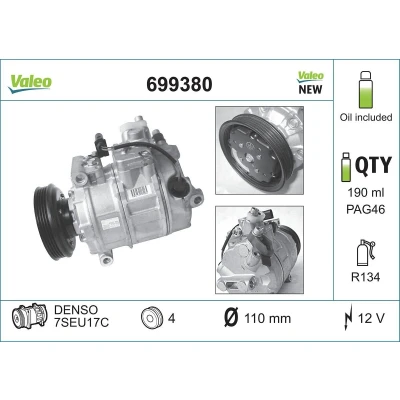 Imagem de VALEO NEW ORIGINAL PART 699380 compressor 7SUE16 12 PAG 46 R 134a com óleo de AUDI: A6 C5 Sedan, A4 B6 Avant, Sedan