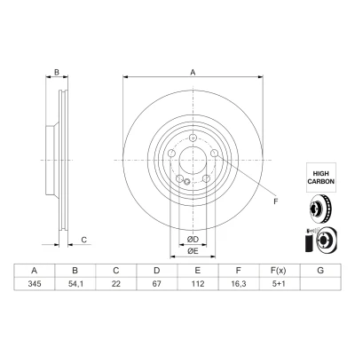 Imagem de BOSCH Disco de travão 345mm 22mm 5 112mm ventilado revestido alto carbono 0 986 479 J51 Discos