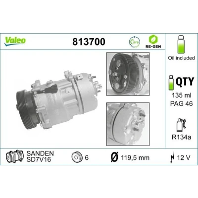Imagem de VALEO 813700 compressor SD7V16 12 PAG 46 R 134a com óleo de REMANUFACTURED VOLKSWAGEN: Golf 4, Bora Sedan, Sharan I, SEAT: Ibiza 2