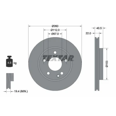 Imagem de TEXTAR PRO 92091303 Disco de travão 260 22 05/06 112 interior ventilado revestido sem pernos fixação da roda, cubo roda