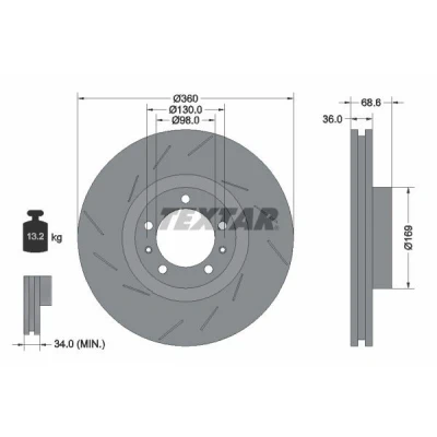 Imagem de TEXTAR 92214005 Disco de travão 360 36 05/07 130 interior ventilado, fendido revestido alto carbono sem pernos fixação da roda, cubo roda