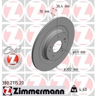 Imagem de ZIMMERMANN COAT Z 380.2115.20 Disco de travão 302 10 7/5 5 114 cheio revestido MITSUBISHI: OUTLANDER 3, ASX SUV