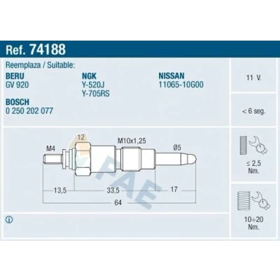 Imagem de FAE 74188 Vela incandescente 11V M 10x1.25 NISSAN: Pick Up