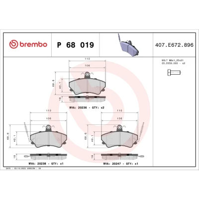 Imagem de BREMBO P 68 019 Jogo de pastilhas para travão disco incl. contacto aviso desgaste com parafusos pinça sem acessórios