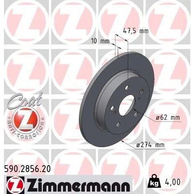 Imagem de ZIMMERMANN 590.2856.20 Disco de travão 274 10 7/5 5 114 cheio revestido TOYOTA: Corolla XII Carrinha