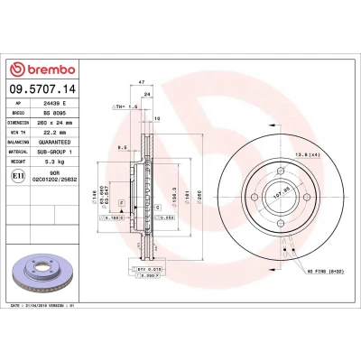 Imagem de BREMBO 09.5707.14 Disco de travão 260 24 4 interior ventilado FORD: MONDEO 1, 2, 1 Kombi