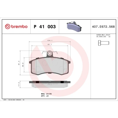 Imagem de BREMBO P 41 003 Jogo de pastilhas para travão disco excl. contacto aviso desgaste com parafusos pinça sem acessórios