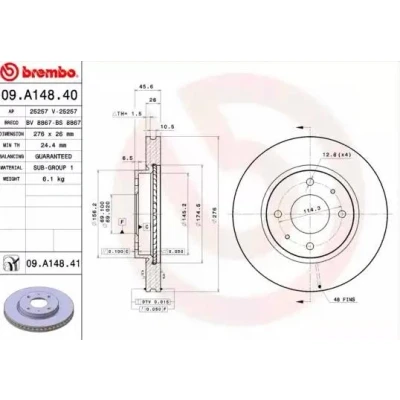 Imagem de BREMBO COATED DISC LINE 09.A148.41 Disco de travão 276 26 4 interior ventilado revestido MITSUBISHI: Lancer 7 Limousine, 7, GALANT 6