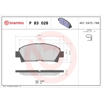 Imagem de BREMBO P 83 028 Jogo de pastilhas para travão disco com avisador sonoro desgaste sem acessórios TOYOTA: Avensis I Sedan, Carrinha