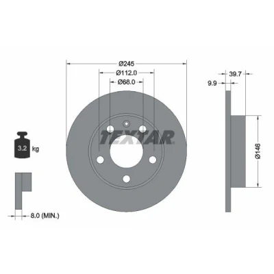 Imagem de TEXTAR PRO 92106203 Disco de travão 245 9,9 05/06 112 cheio revestido sem pernos fixação da roda, cubo roda AUDI: A4 B6 Avant, Sedan